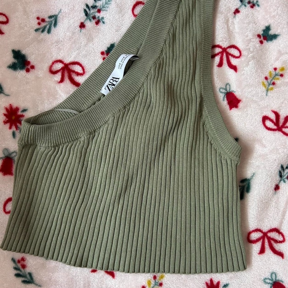 Zara Green Ribbed Asymmetrical Crop Tank Top